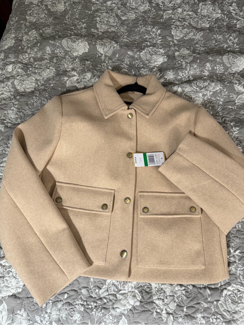 Michael Kors Beige Wool-Blend Crop Pea Coat with Snap Front